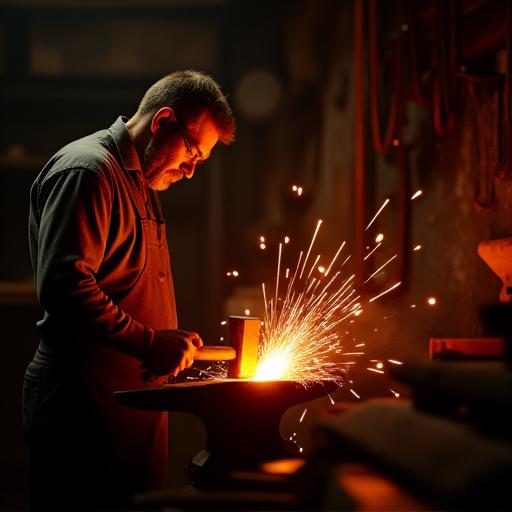 A blacksmith shaping a glowing piece of metal on an anvil with a hammer, sparks flying in the dark workshop.