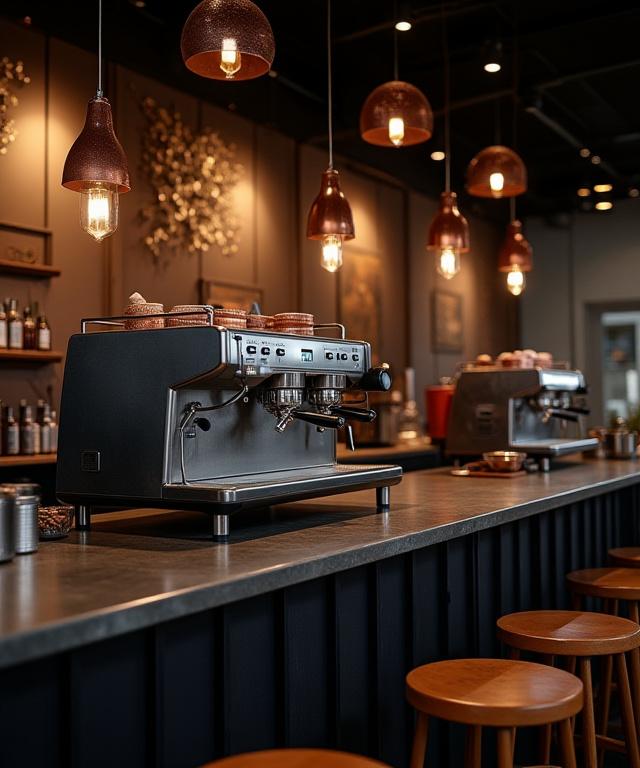 The interior of Kurogane Coffee, showing a modern espresso machine against a backdrop of raw steel panels and handcrafted metal light fixtures.